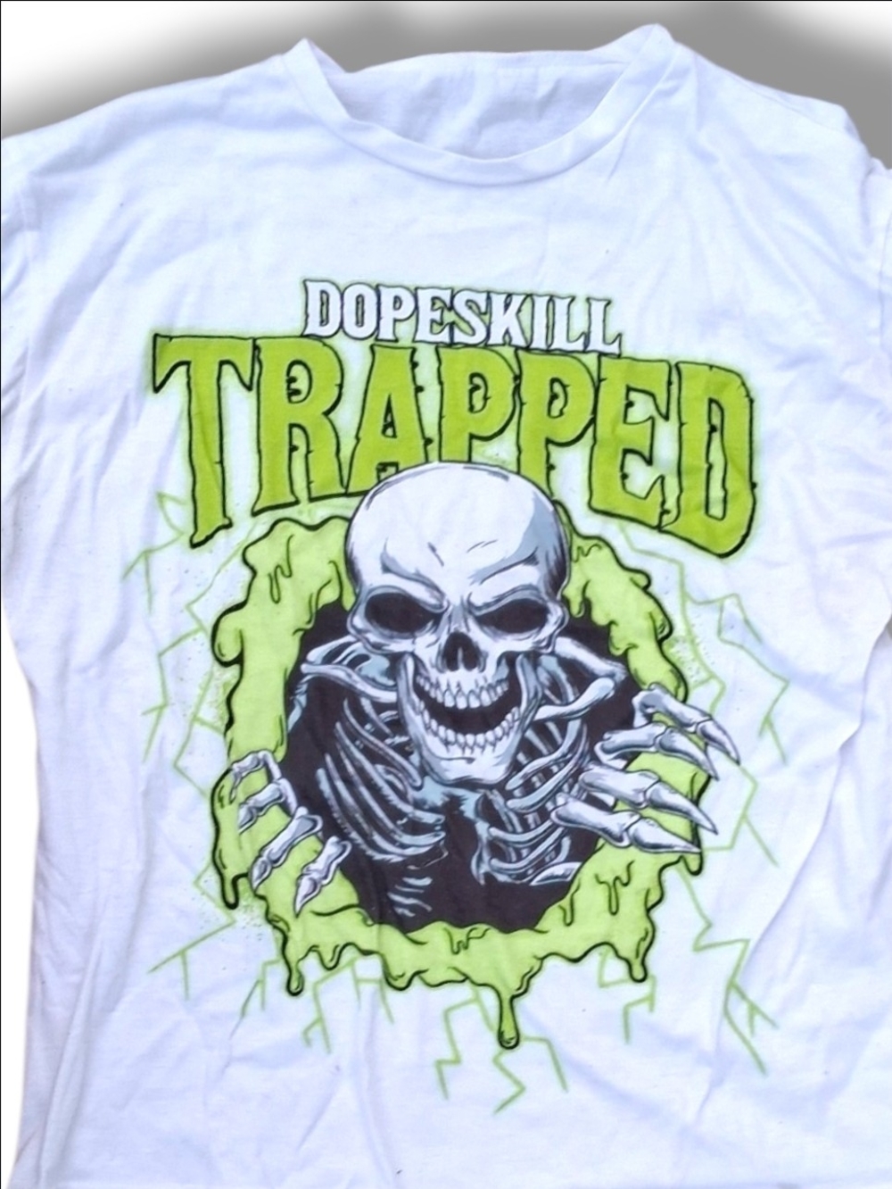 DOPE White Short Sleeve Tee with Neon Green Trapped Skull Graphic